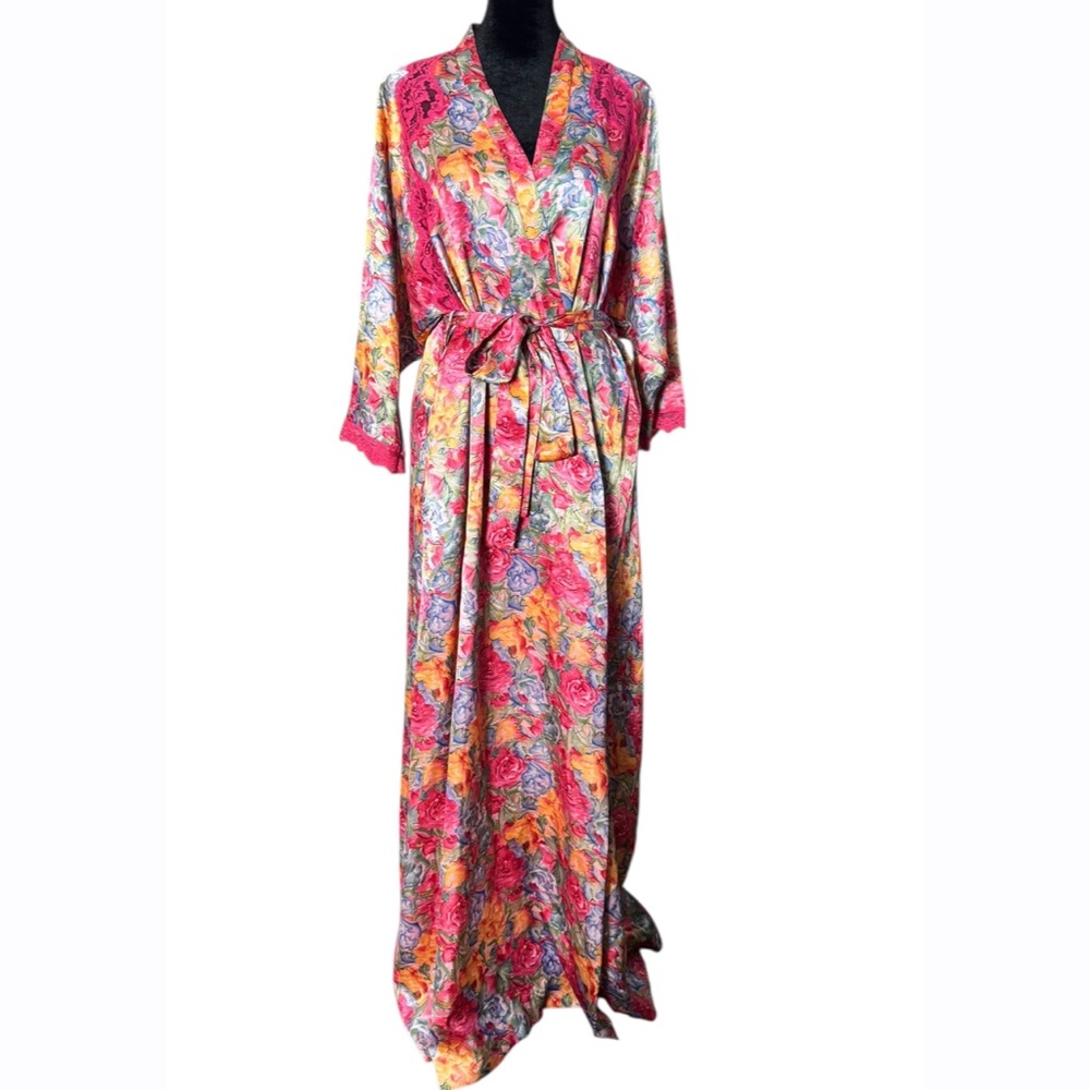 Vintage Vanity Fair Floral‎ Satin Robe Kimono Maxi Pink Lace Trim Belted Gown